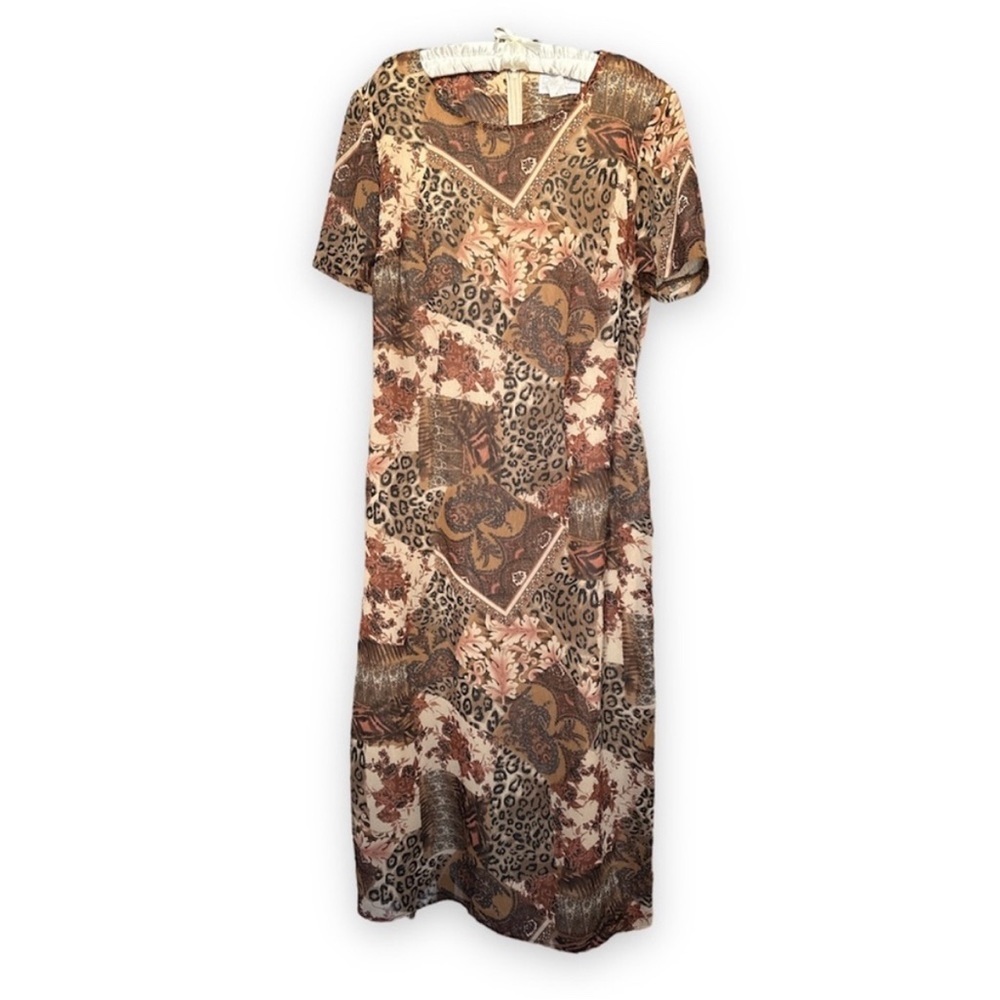 Vintage 90s Studio C Brown Animal Print Floral Maxi Dress Women’s Plus Size 16W